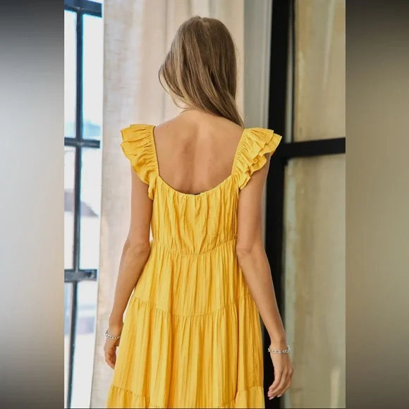 11. Women's Crinkled Fabric Ruffle Sleeve Deep V-Neck Maxi Dress - Picture 4 of 7